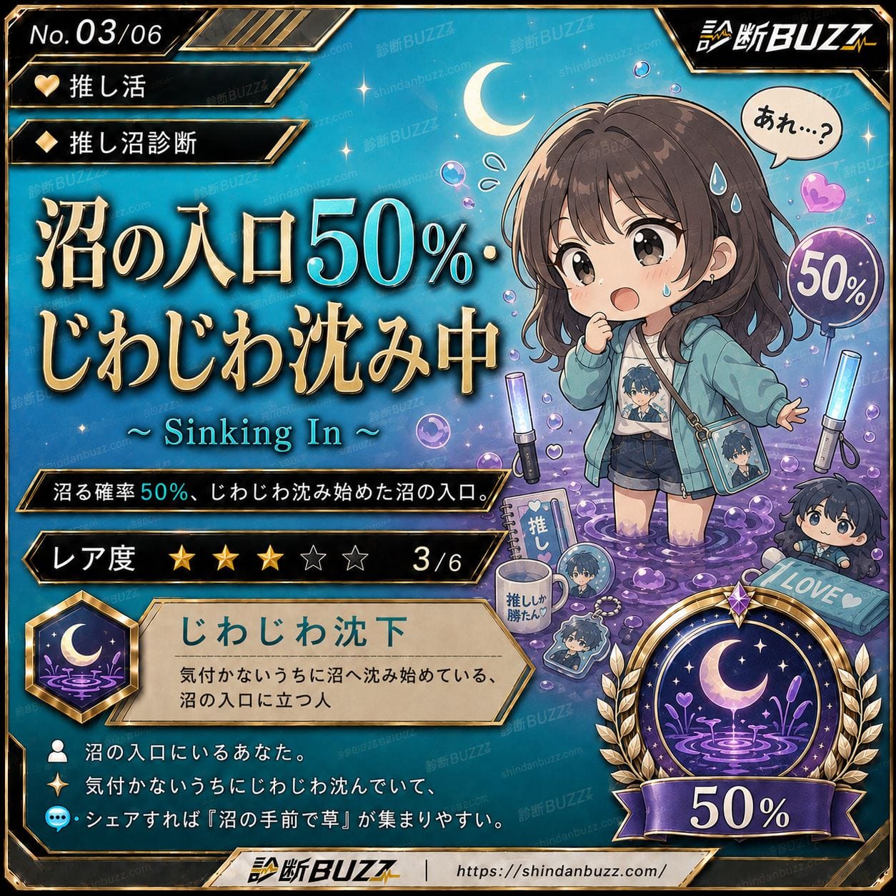 沼の入口50%・じわじわ沈み中 - あなたが推しに沼る確率、ぶっちゃけ何%?